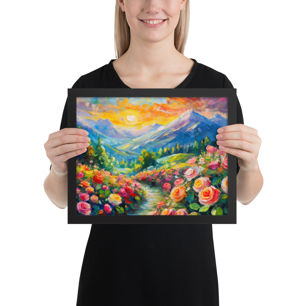 mountains, flowers, roses, sunset, clouds, landscape, scenic, colors, colorful,