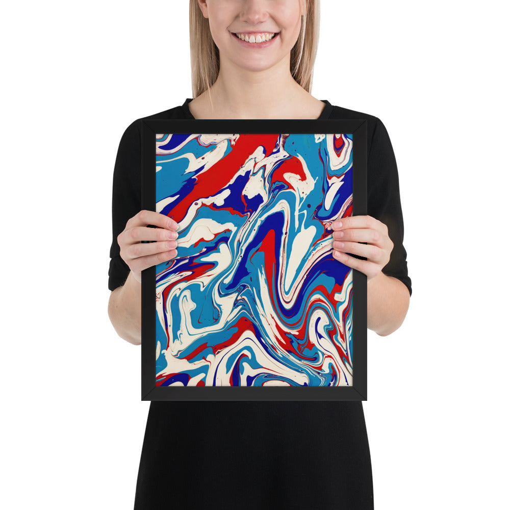 Vibrant Red, White & Blue Flow Acrylic Painting Framed Fine Art Poster Print - Elegant Abstract Modern Art for Home And Office Wall Décor