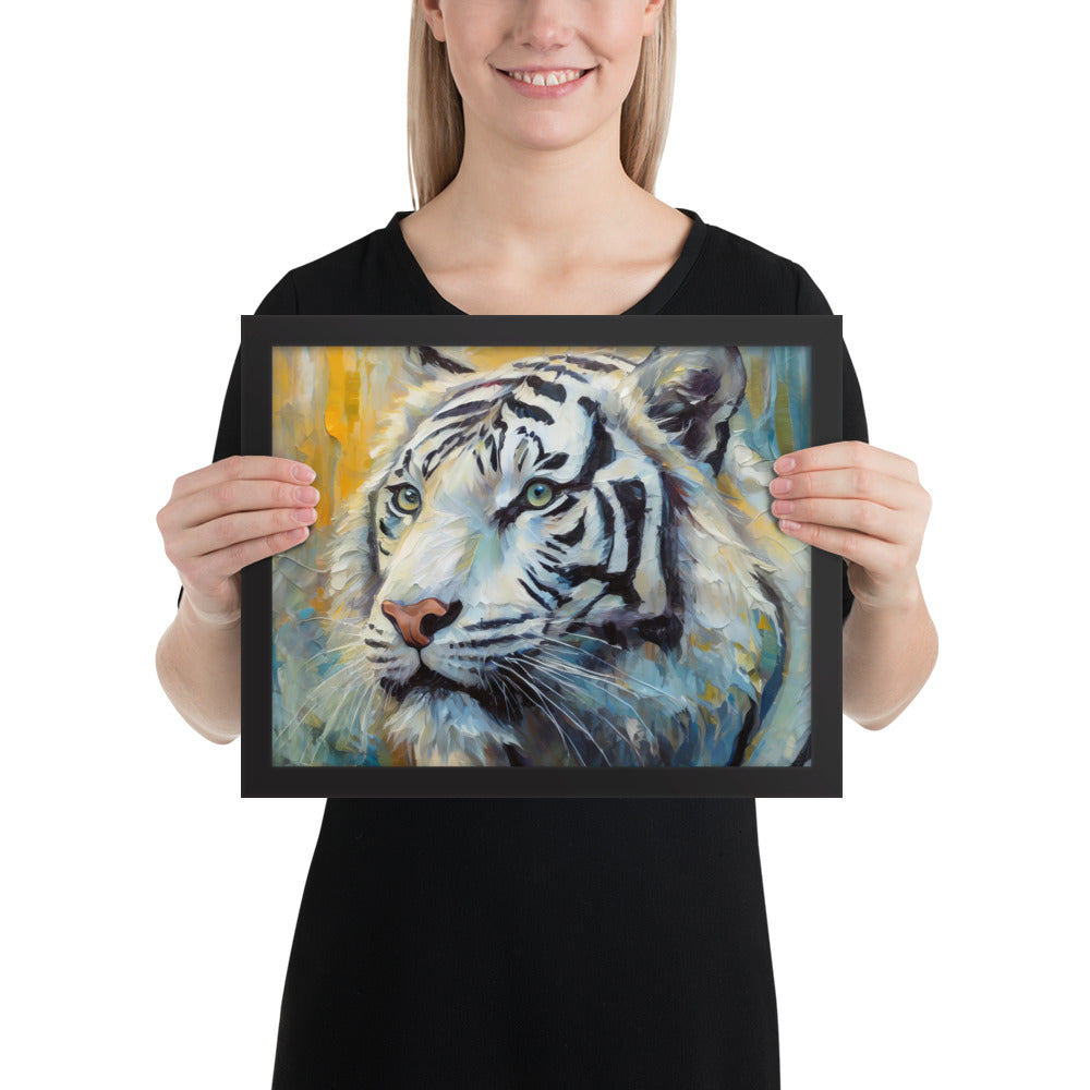 Majestic White Tiger Oil Painting Framed Poster Print - Vibrant, Stylish, Art Gift for Nature &amp; Wildlife Lovers, Home And Office Wall Décor