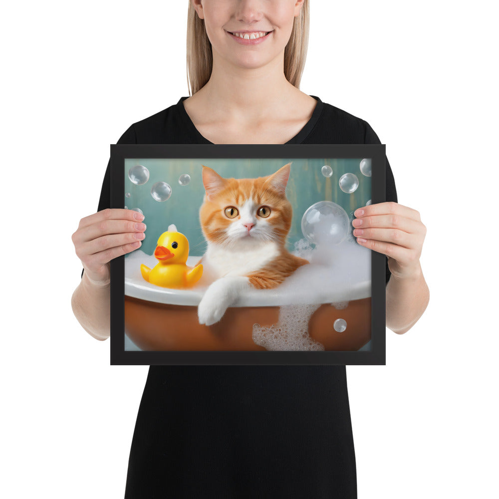 Adorable Cat Bubble Bath Framed Fine Art Poster Print - Perfect for Cat Lovers, Pet Enthusiasts, Kids, And Home Décor - Cute &amp; Funny Design