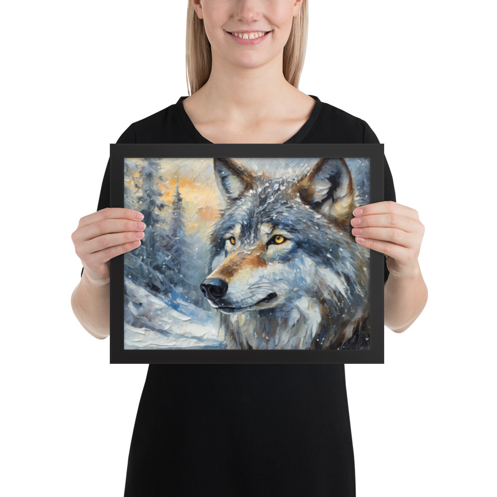 Beautiful Grey Wolf Framed Fine Art Poster Print - Vibrant Oil Painting, Winter Landscape, Perfect Gift For Nature, Winter &amp; Wildlife Lovers