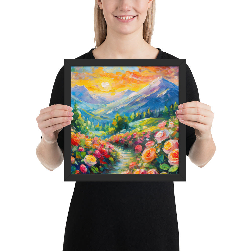 mountains, flowers, roses, sunset, clouds, landscape, scenic, colors, colorful,