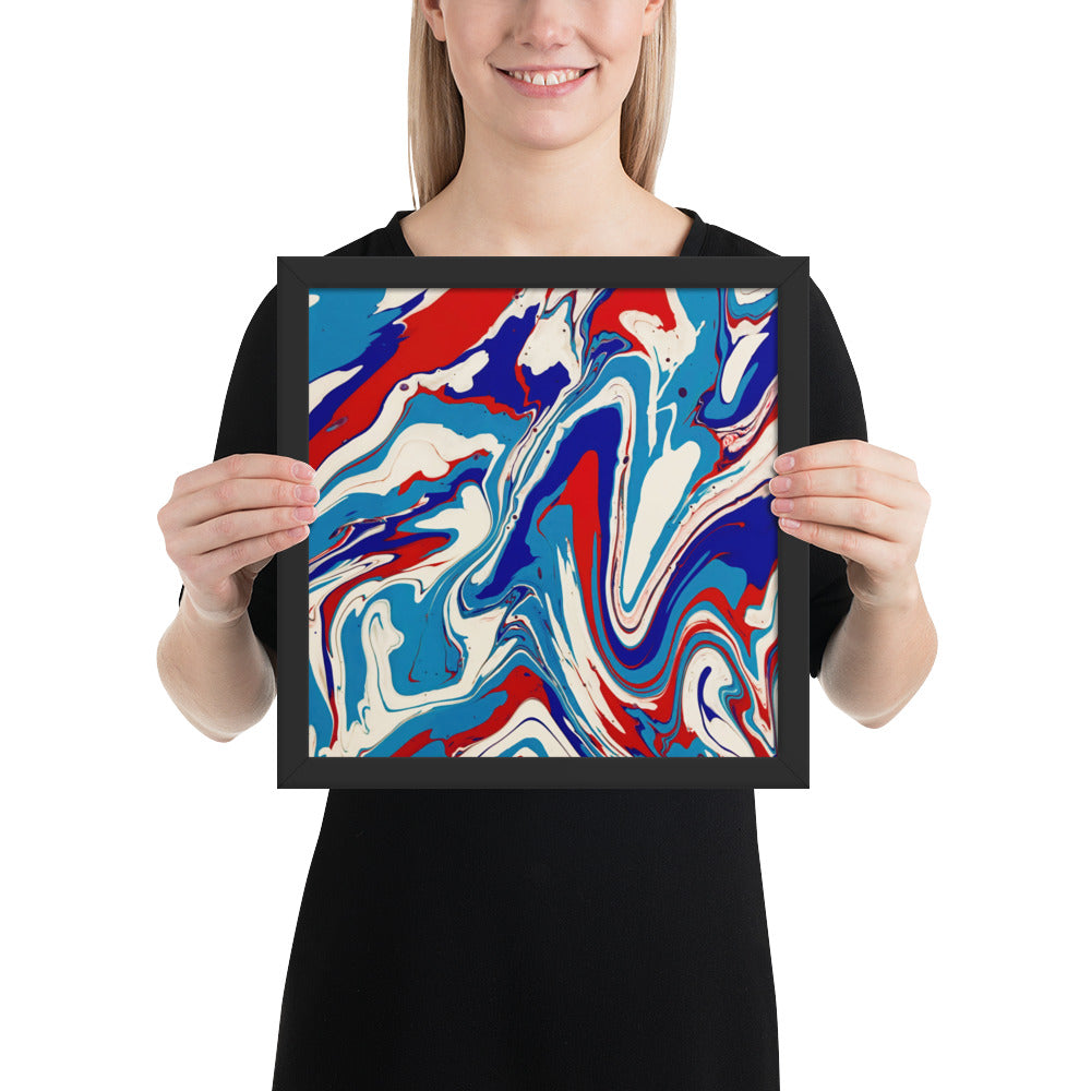 Vibrant Red, White & Blue Flow Acrylic Painting Framed Fine Art Poster Print - Elegant Abstract Modern Art for Home And Office Wall Décor