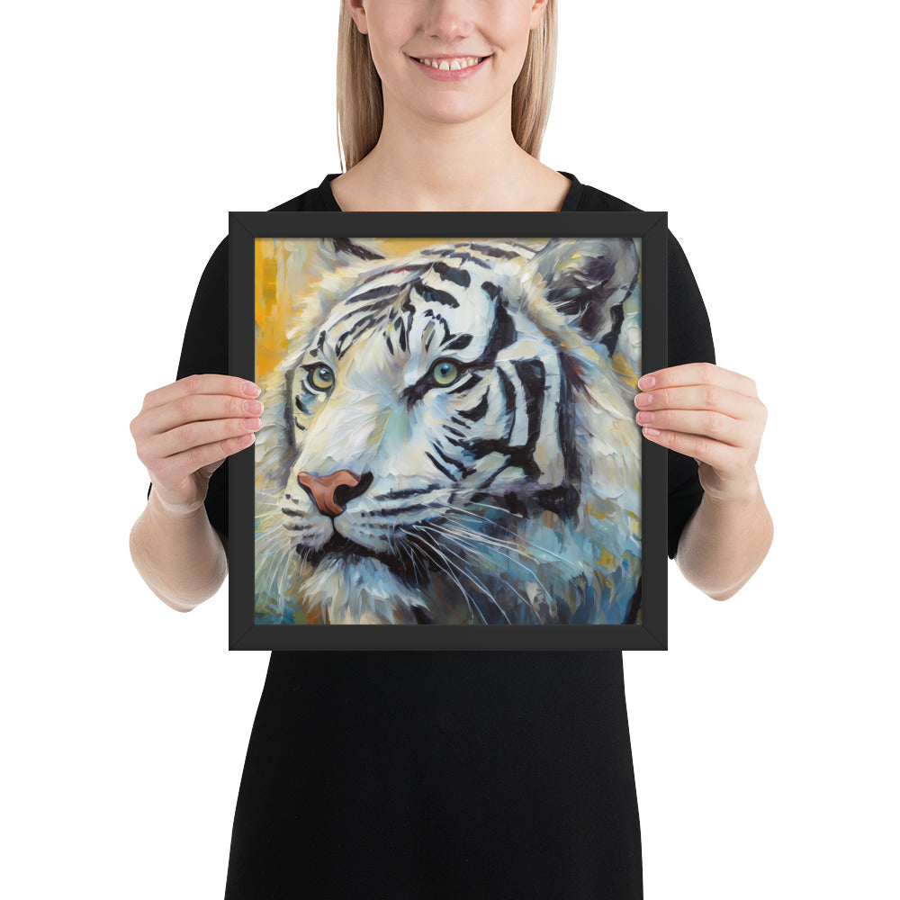 Majestic White Tiger Oil Painting Framed Poster Print - Vibrant, Stylish, Art Gift for Nature &amp; Wildlife Lovers, Home And Office Wall Décor