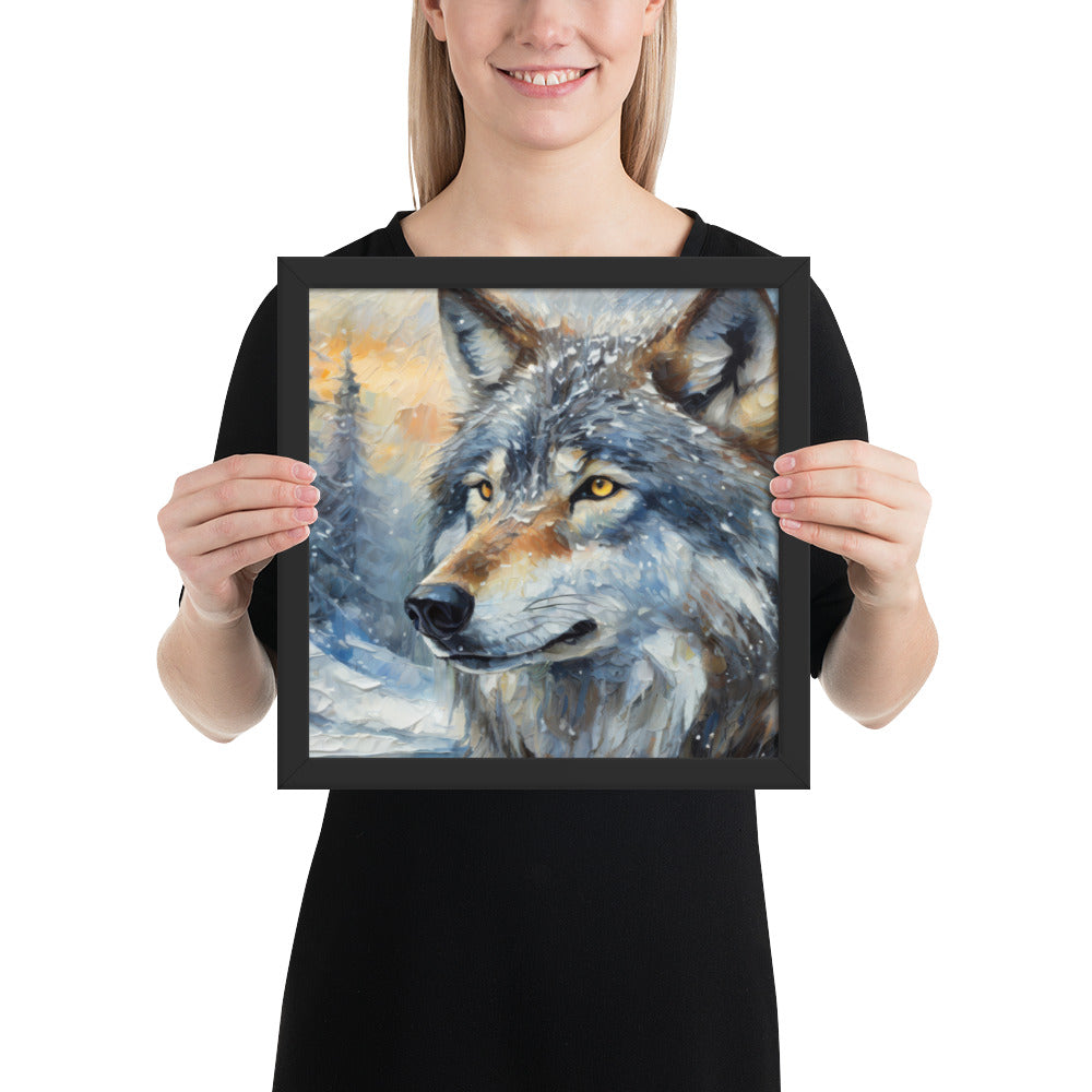 Beautiful Grey Wolf Framed Fine Art Poster Print - Vibrant Oil Painting, Winter Landscape, Perfect Gift For Nature, Winter &amp; Wildlife Lovers
