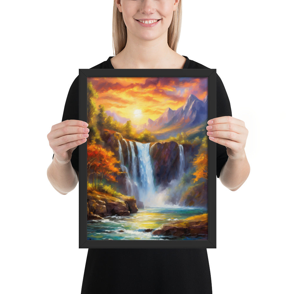waterfall, waterfalls, nature, sunset, mountains, sunset, trees, clouds, art