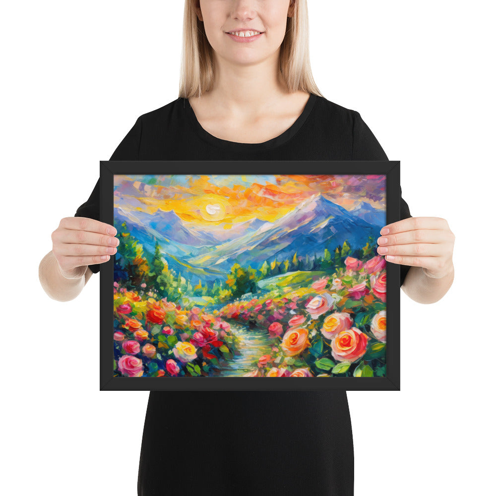 mountains, flowers, roses, sunset, clouds, landscape, scenic, colors, colorful,