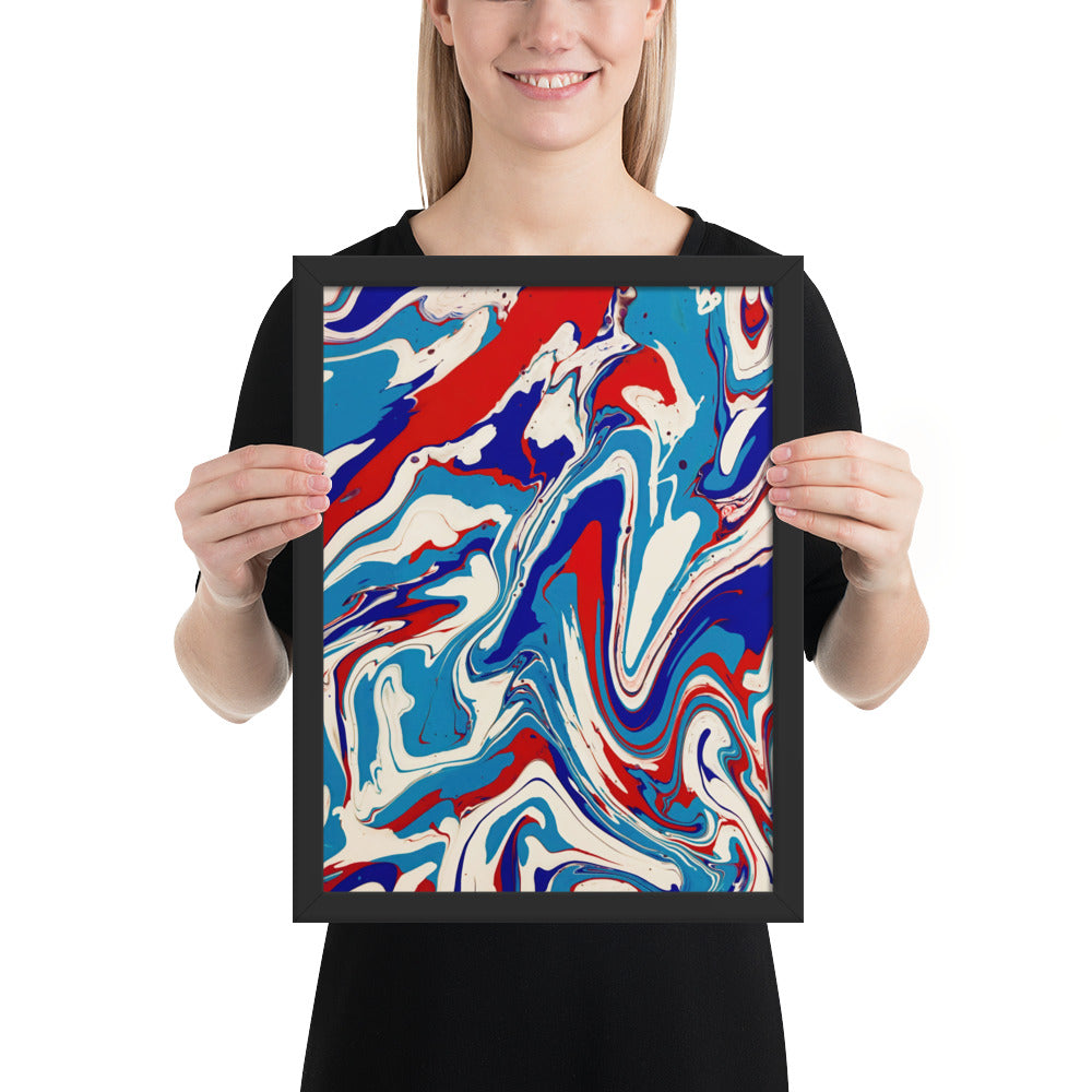 Vibrant Red, White & Blue Flow Acrylic Painting Framed Fine Art Poster Print - Elegant Abstract Modern Art for Home And Office Wall Décor