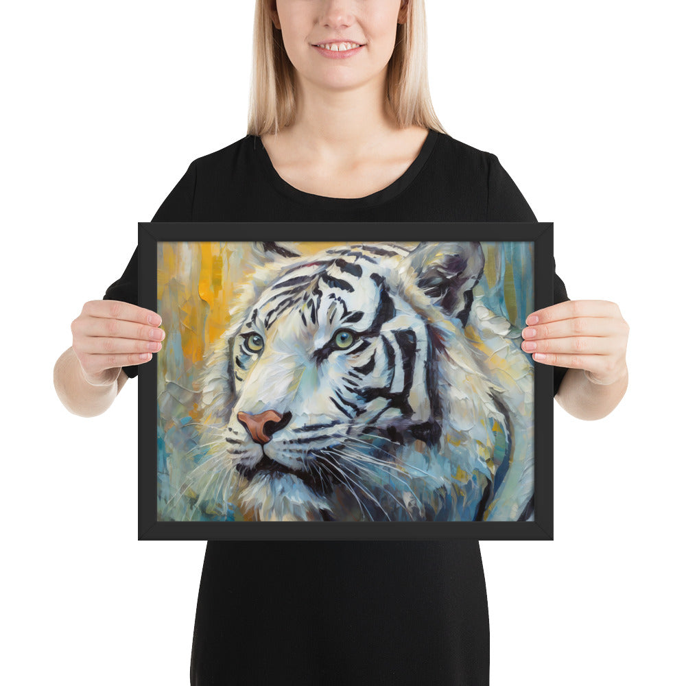 Majestic White Tiger Oil Painting Framed Poster Print - Vibrant, Stylish, Art Gift for Nature &amp; Wildlife Lovers, Home And Office Wall Décor