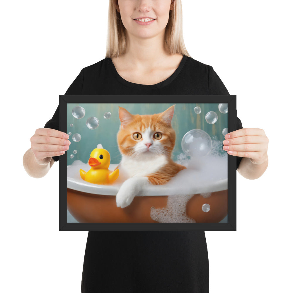 Adorable Cat Bubble Bath Framed Fine Art Poster Print - Perfect for Cat Lovers, Pet Enthusiasts, Kids, And Home Décor - Cute &amp; Funny Design