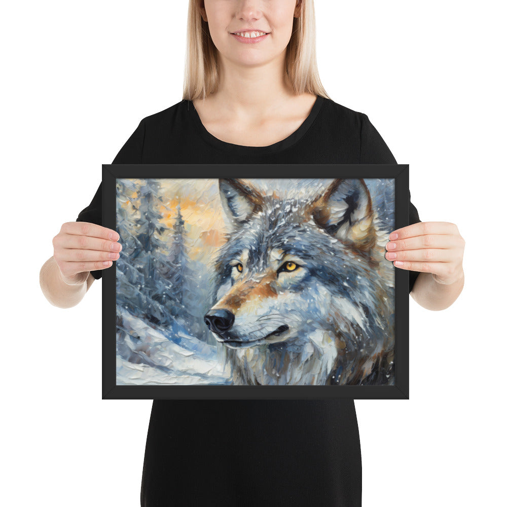 Beautiful Grey Wolf Framed Fine Art Poster Print - Vibrant Oil Painting, Winter Landscape, Perfect Gift For Nature, Winter &amp; Wildlife Lovers