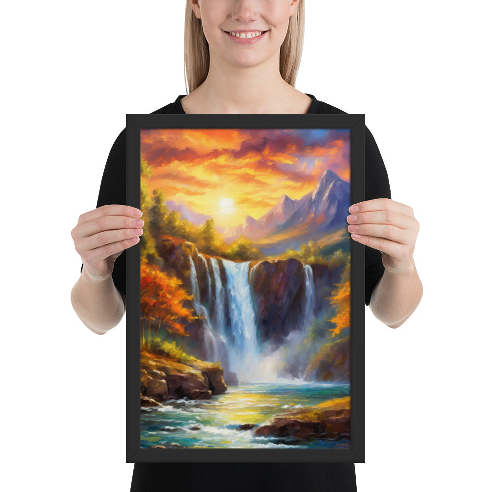 waterfall, waterfalls, nature, sunset, mountains, sunset, trees, clouds, art
