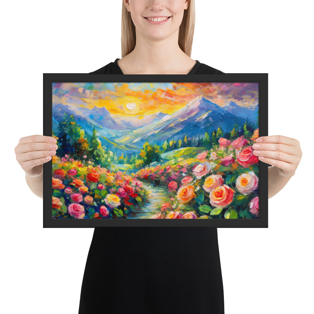 mountains, flowers, roses, sunset, clouds, landscape, scenic, colors, colorful,