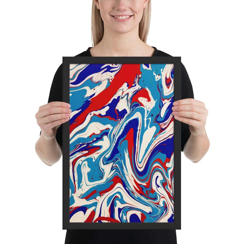 Vibrant Red, White & Blue Flow Acrylic Painting Framed Fine Art Poster Print - Elegant Abstract Modern Art for Home And Office Wall Décor