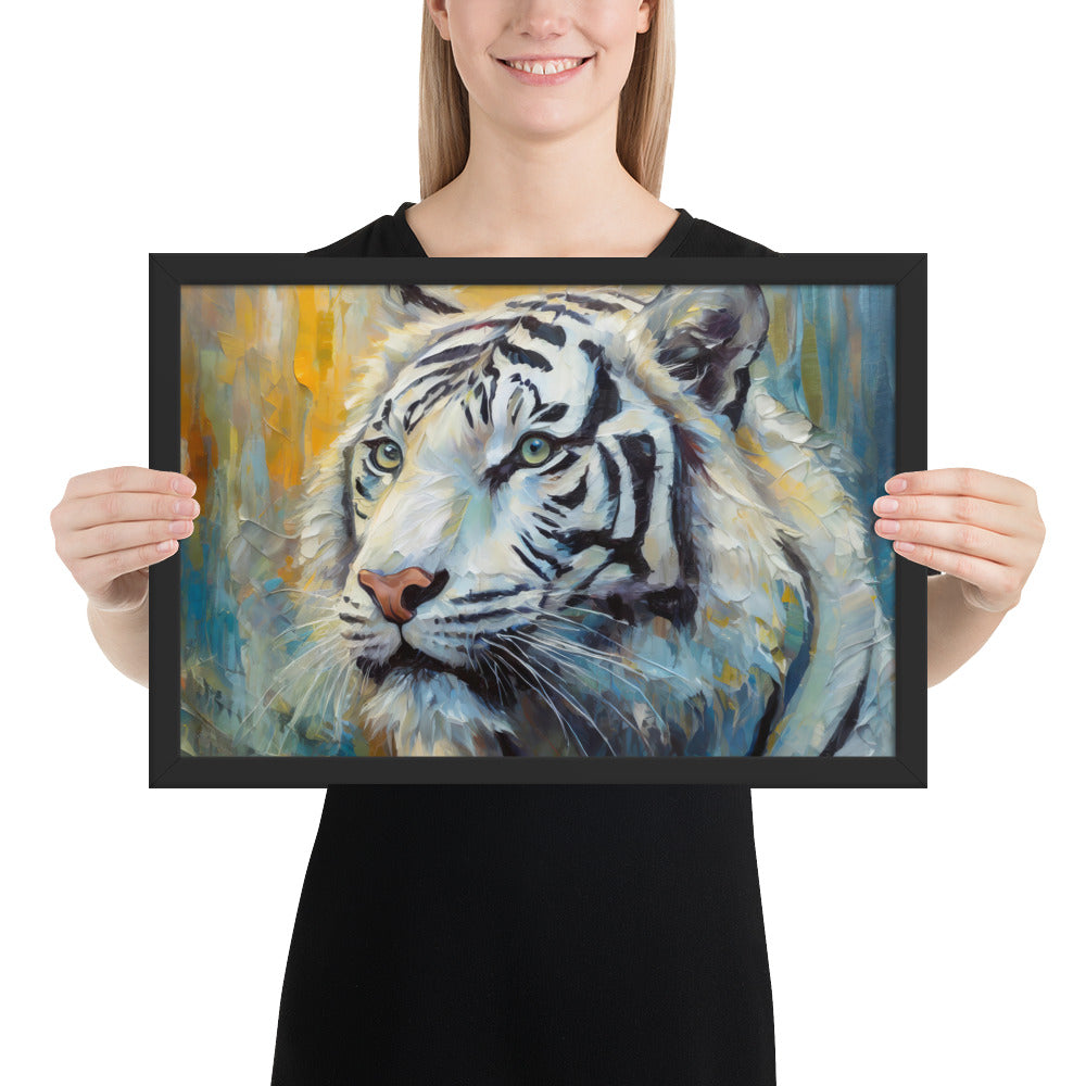 Majestic White Tiger Oil Painting Framed Poster Print - Vibrant, Stylish, Art Gift for Nature &amp; Wildlife Lovers, Home And Office Wall Décor
