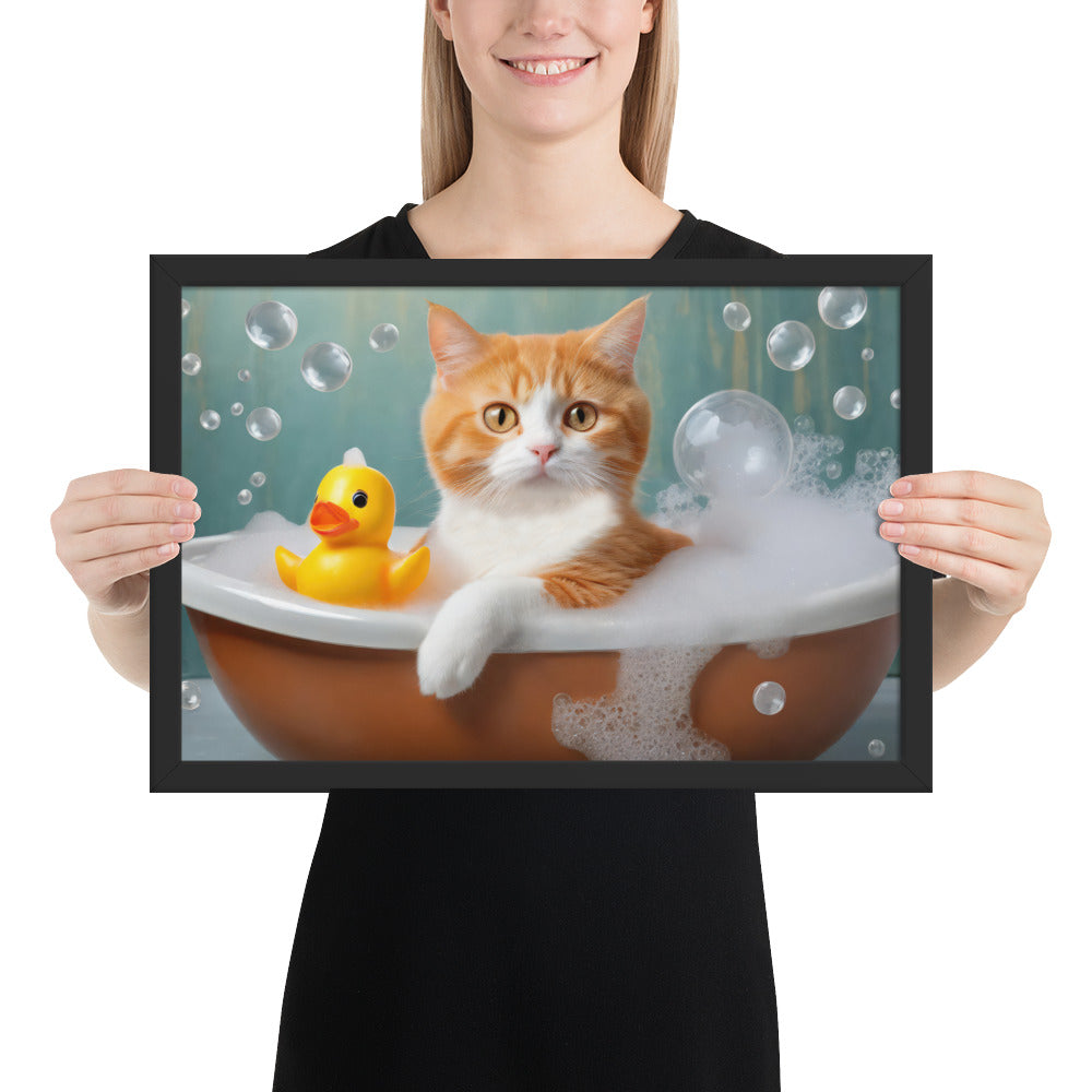 Adorable Cat Bubble Bath Framed Fine Art Poster Print - Perfect for Cat Lovers, Pet Enthusiasts, Kids, And Home Décor - Cute &amp; Funny Design