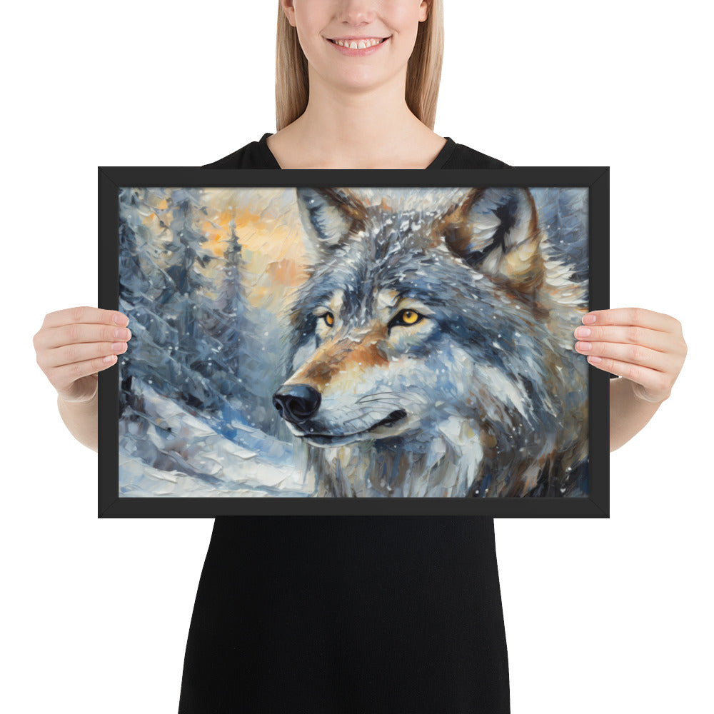 Beautiful Grey Wolf Framed Fine Art Poster Print - Vibrant Oil Painting, Winter Landscape, Perfect Gift For Nature, Winter &amp; Wildlife Lovers