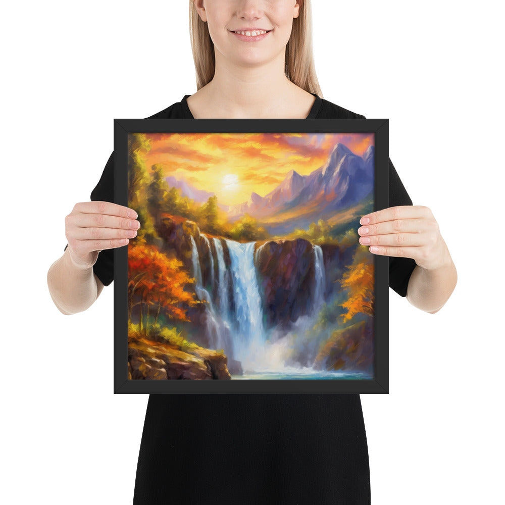 waterfall, waterfalls, nature, sunset, mountains, sunset, trees, clouds, art