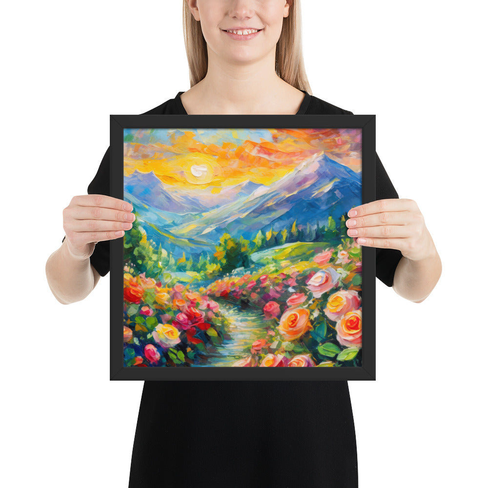 mountains, flowers, roses, sunset, clouds, landscape, scenic, colors, colorful,