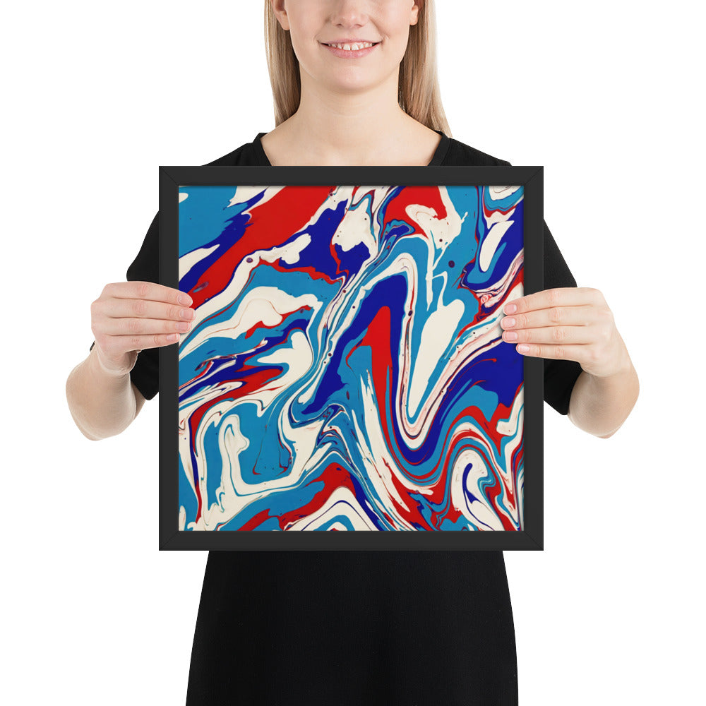 Vibrant Red, White & Blue Flow Acrylic Painting Framed Fine Art Poster Print - Elegant Abstract Modern Art for Home And Office Wall Décor