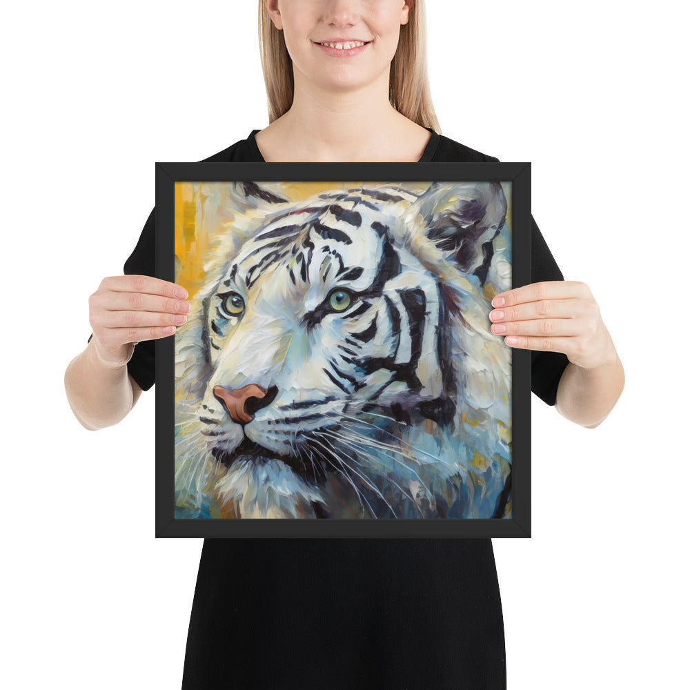 Majestic White Tiger Oil Painting Framed Poster Print - Vibrant, Stylish, Art Gift for Nature &amp; Wildlife Lovers, Home And Office Wall Décor