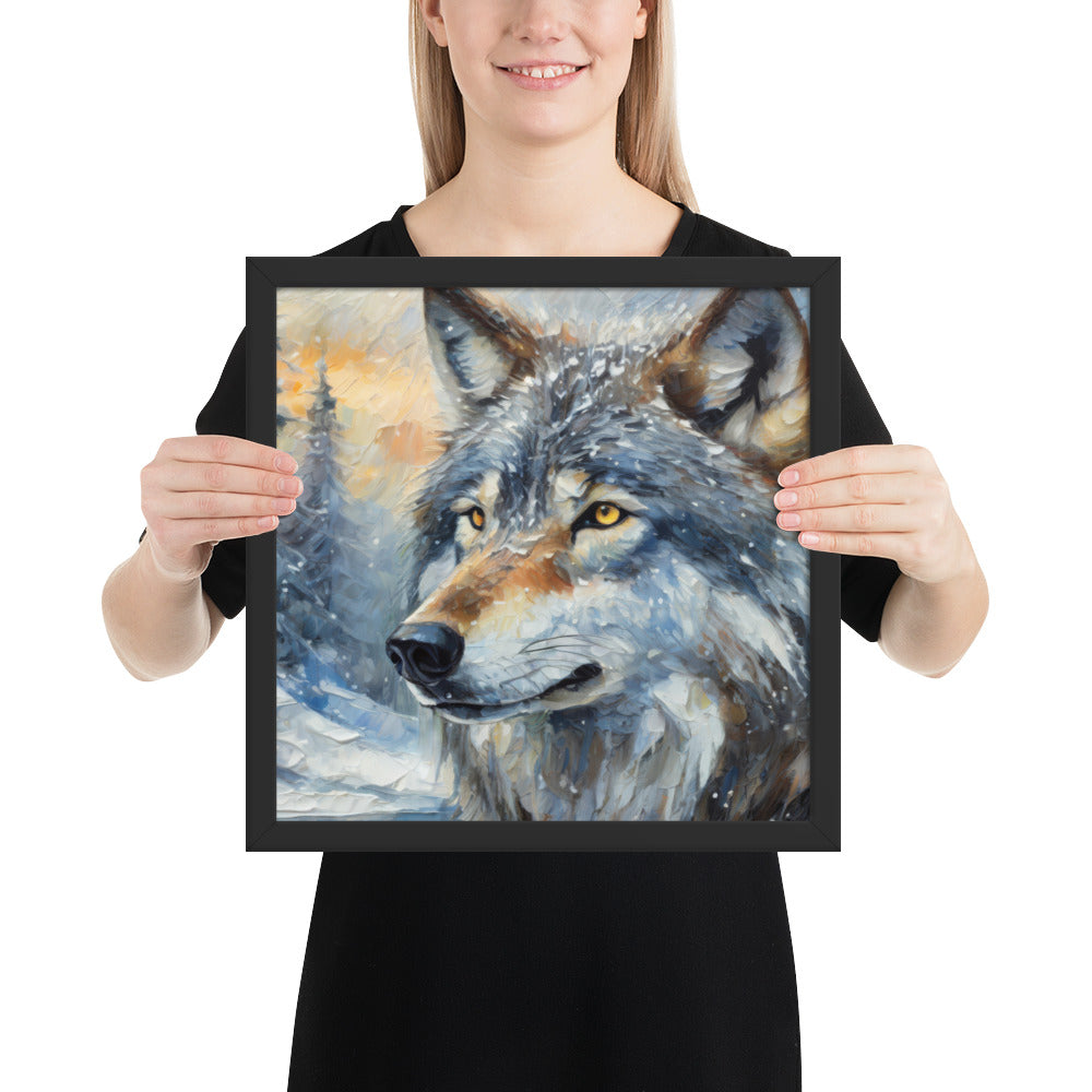 Beautiful Grey Wolf Framed Fine Art Poster Print - Vibrant Oil Painting, Winter Landscape, Perfect Gift For Nature, Winter &amp; Wildlife Lovers