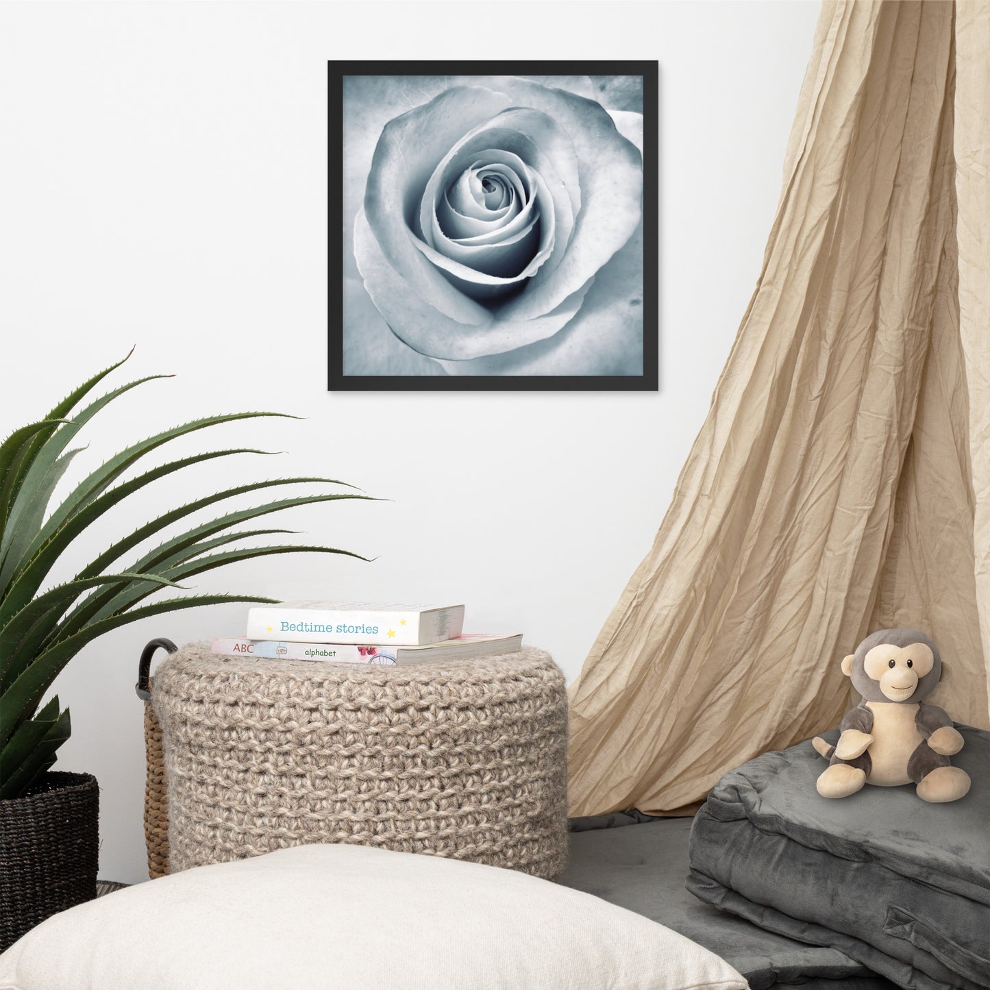 Elegant White Rose Macro Framed Photograph in Silver & Gray - Perfect Gift for Contemporary Art, Nature, Flower & B&W Photography Lovers