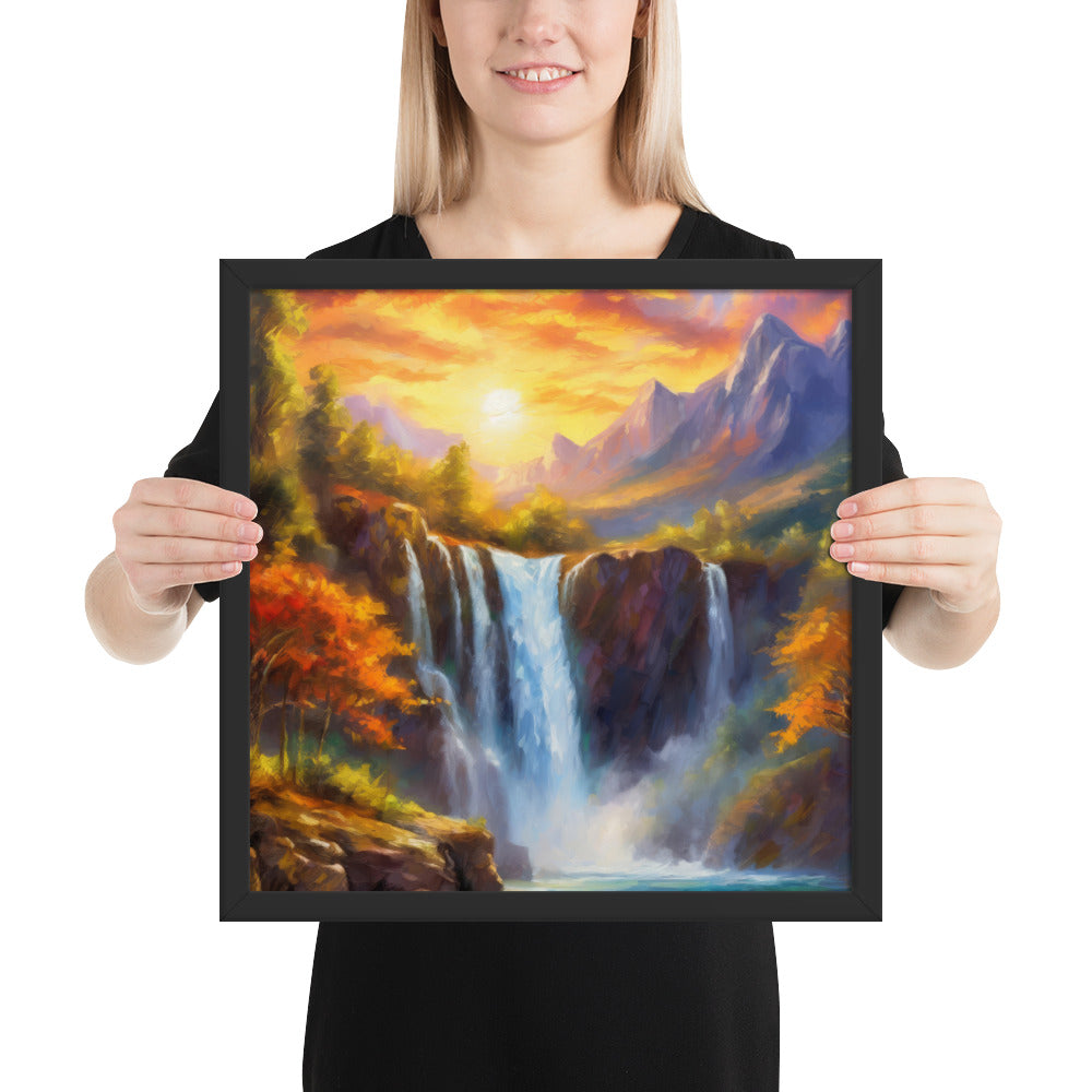 waterfall, waterfalls, nature, sunset, mountains, sunset, trees, clouds, art