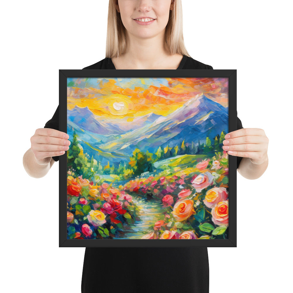 mountains, flowers, roses, sunset, clouds, landscape, scenic, colors, colorful,