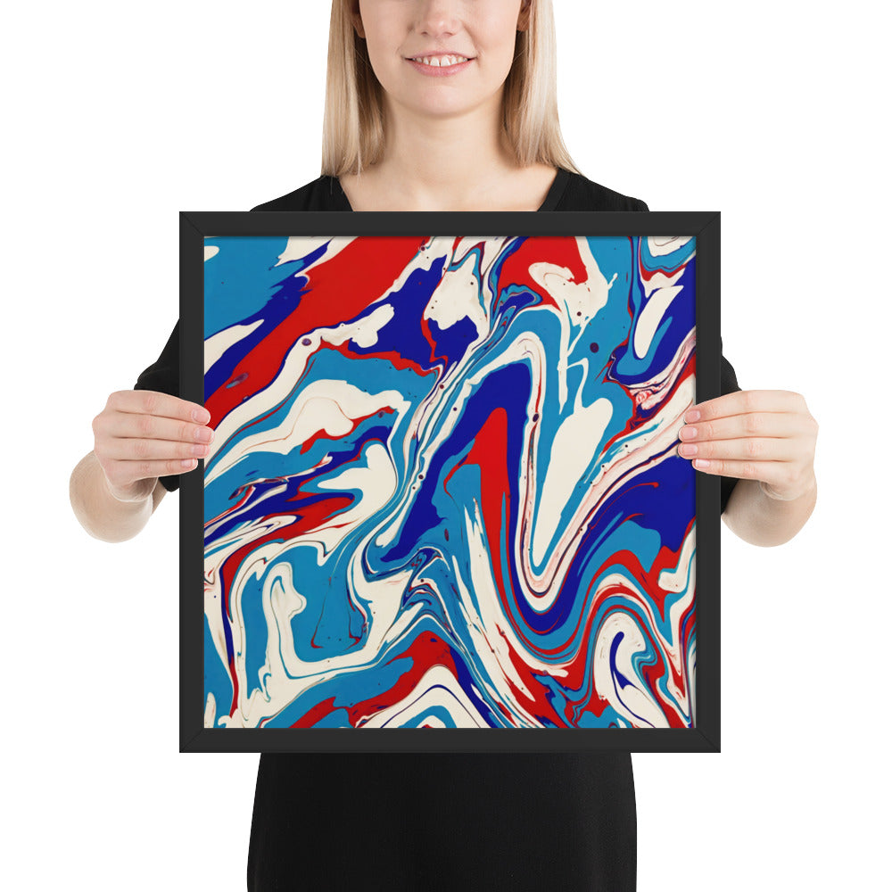 Vibrant Red, White & Blue Flow Acrylic Painting Framed Fine Art Poster Print - Elegant Abstract Modern Art for Home And Office Wall Décor