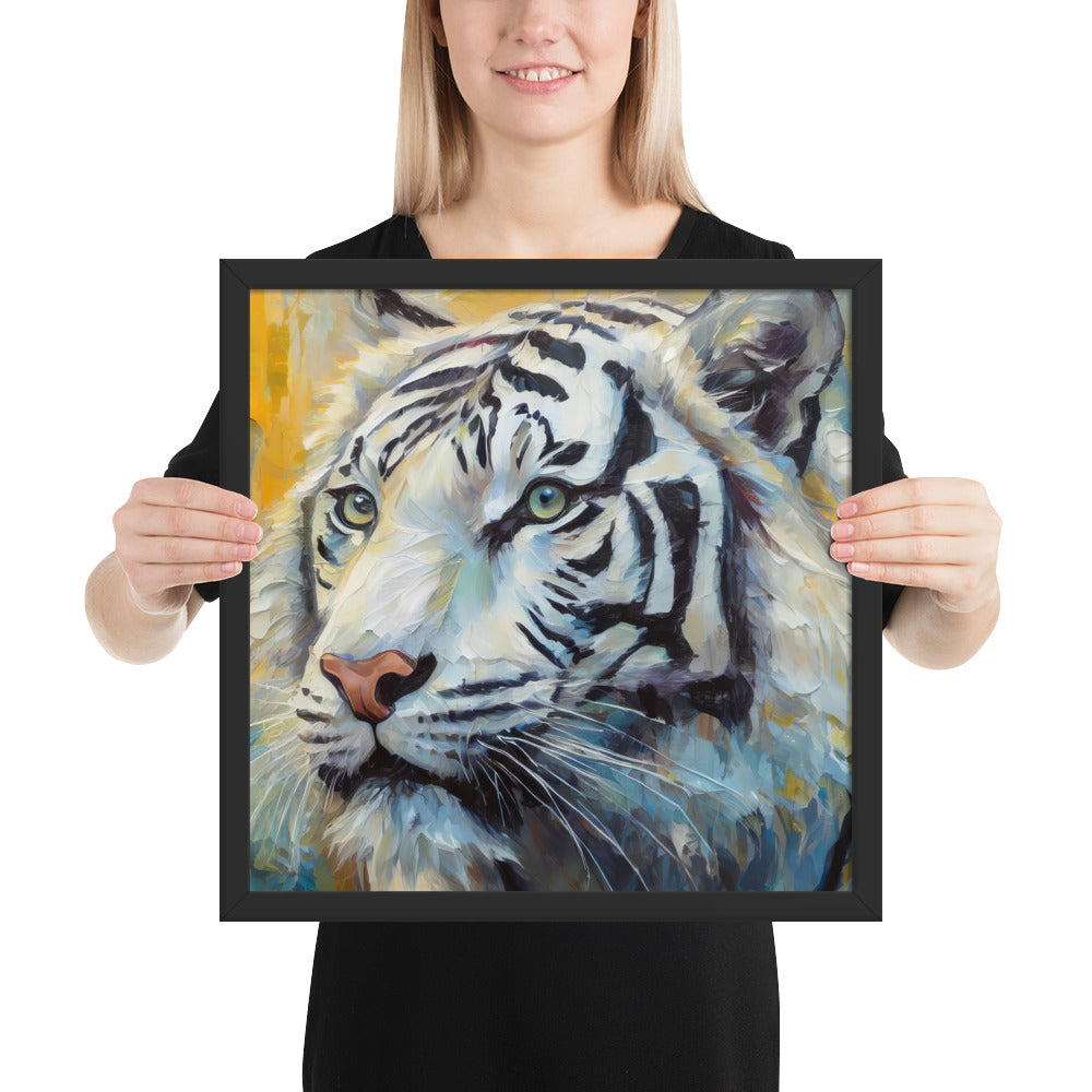 Majestic White Tiger Oil Painting Framed Poster Print - Vibrant, Stylish, Art Gift for Nature &amp; Wildlife Lovers, Home And Office Wall Décor