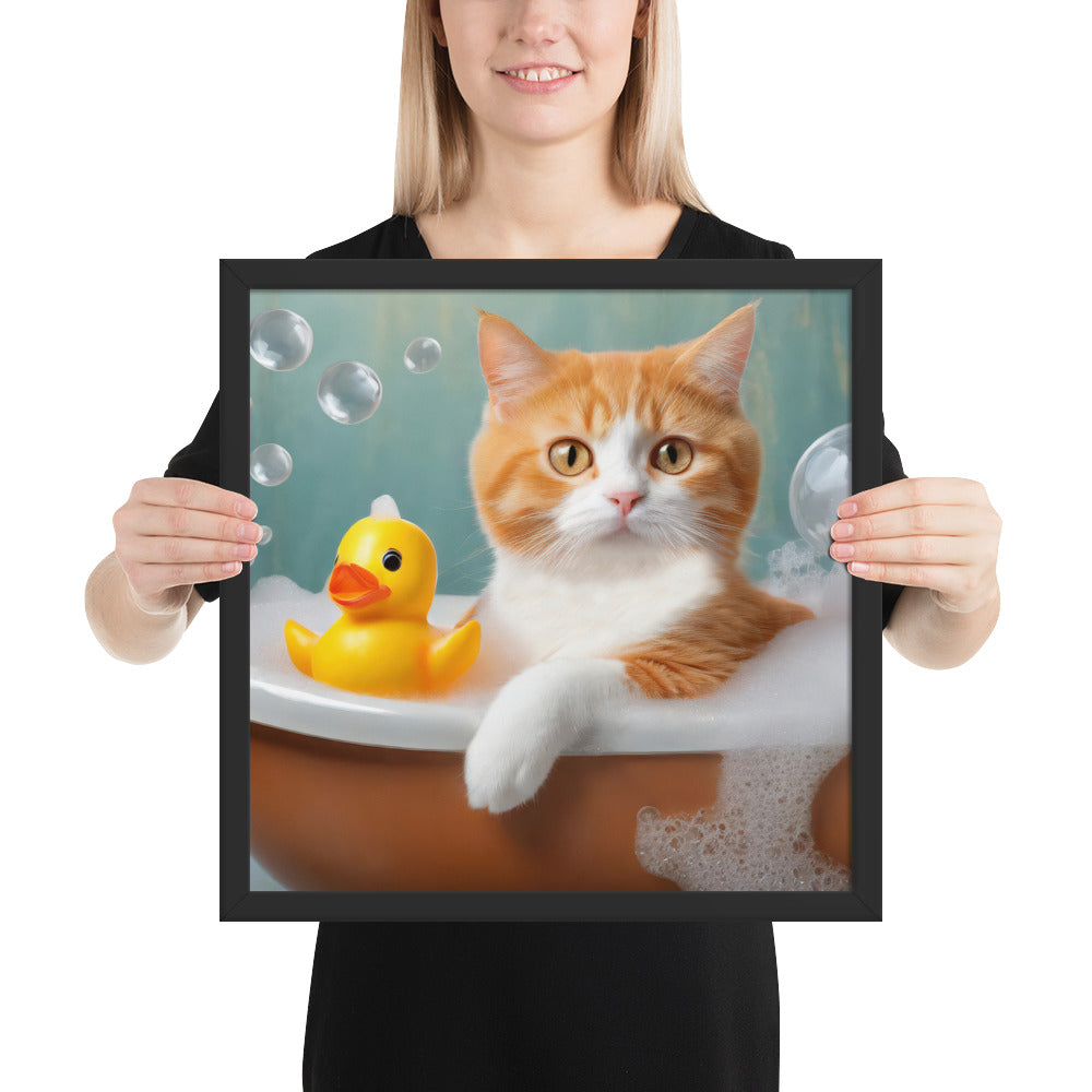 Adorable Cat Bubble Bath Framed Fine Art Poster Print - Perfect for Cat Lovers, Pet Enthusiasts, Kids, And Home Décor - Cute &amp; Funny Design