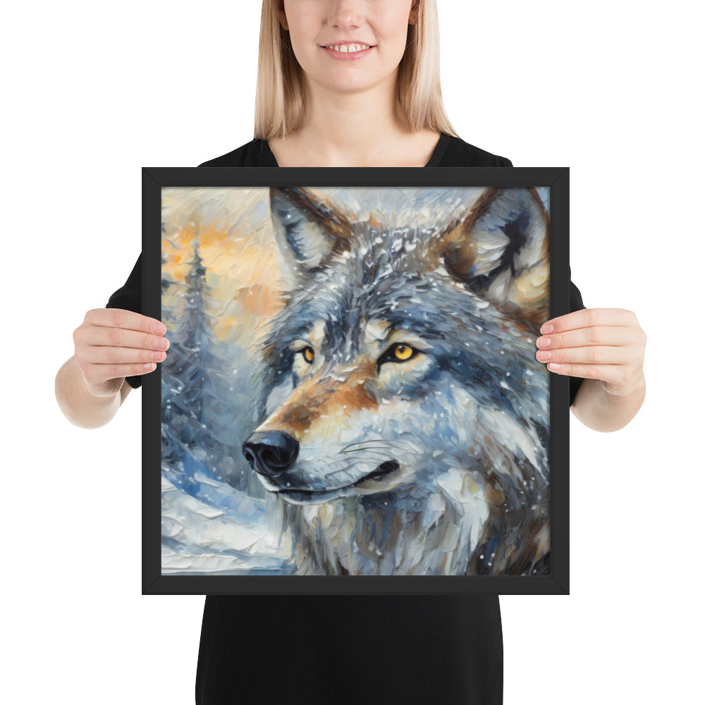 Beautiful Grey Wolf Framed Fine Art Poster Print - Vibrant Oil Painting, Winter Landscape, Perfect Gift For Nature, Winter &amp; Wildlife Lovers