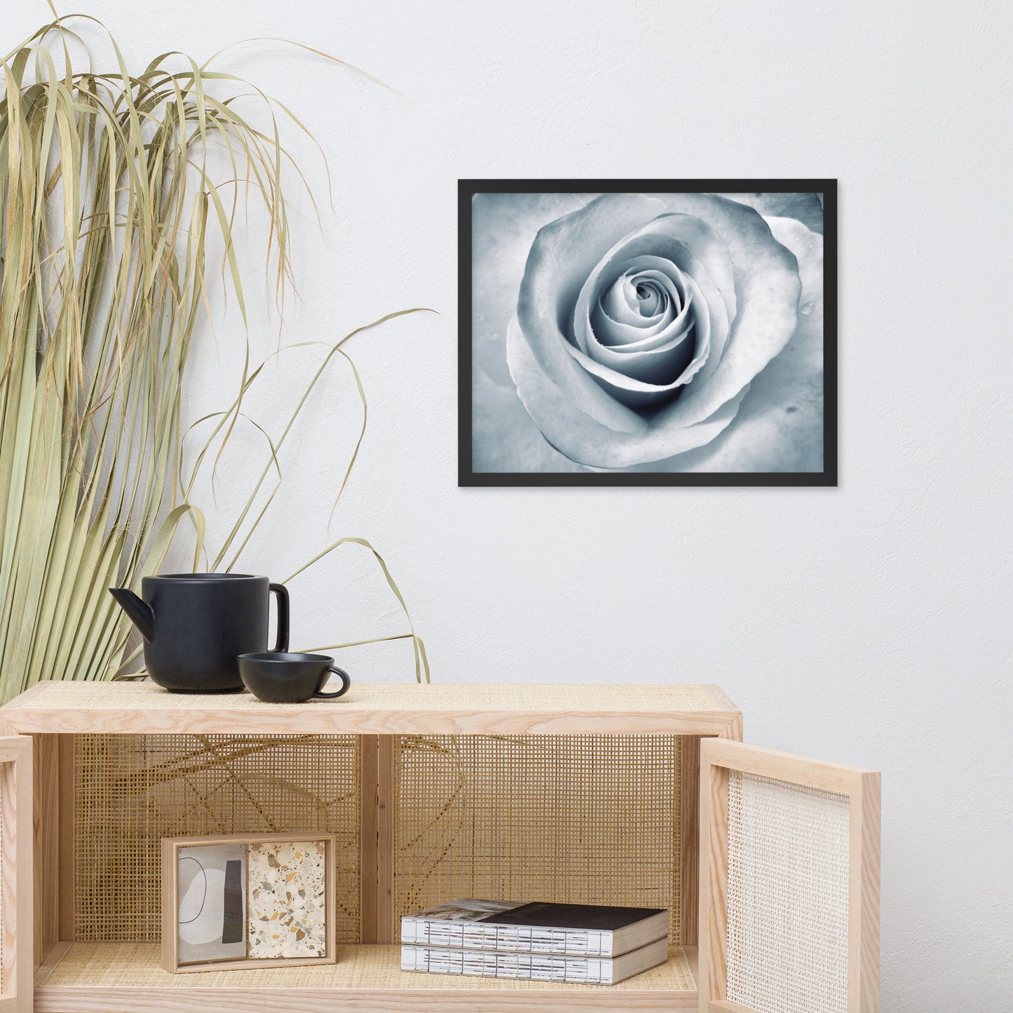 Elegant White Rose Macro Framed Photograph in Silver & Gray - Perfect Gift for Contemporary Art, Nature, Flower & B&W Photography Lovers