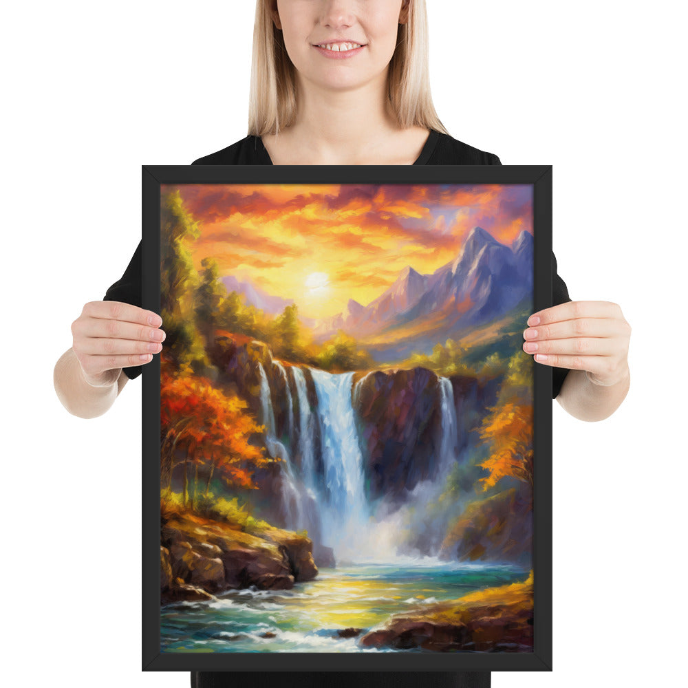 waterfall, waterfalls, nature, sunset, mountains, sunset, trees, clouds, art