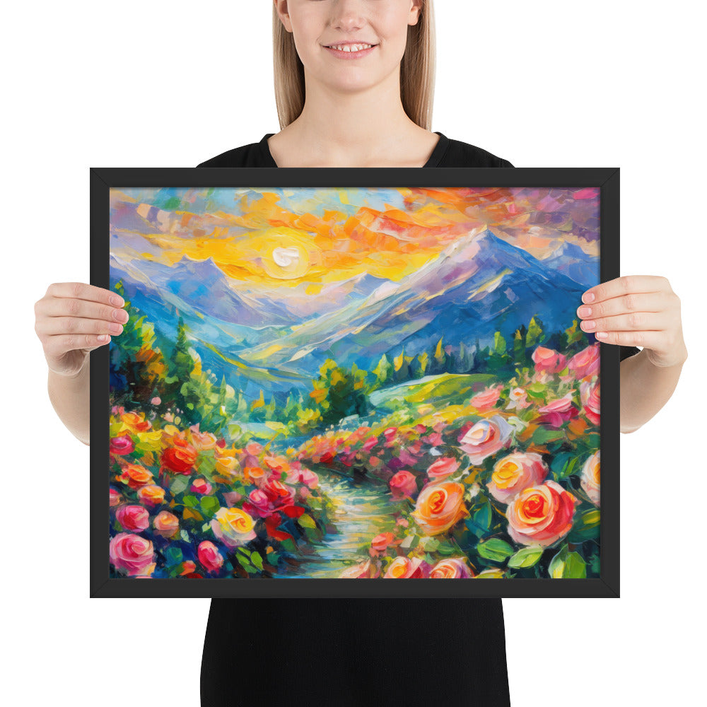 mountains, flowers, roses, sunset, clouds, landscape, scenic, colors, colorful,