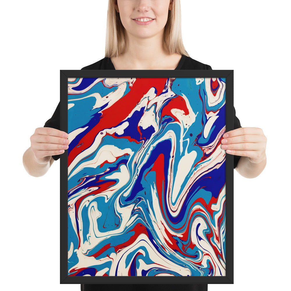 Vibrant Red, White & Blue Flow Acrylic Painting Framed Fine Art Poster Print - Elegant Abstract Modern Art for Home And Office Wall Décor