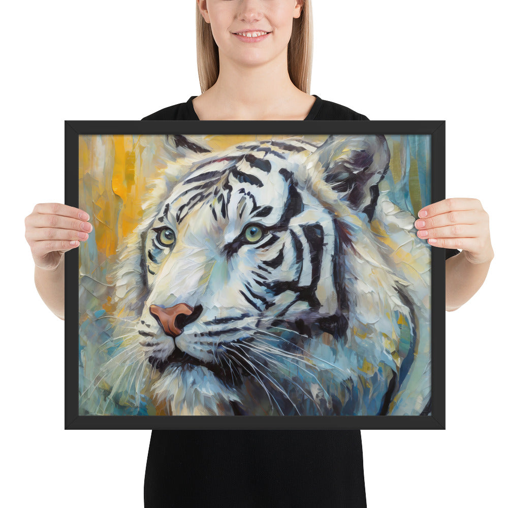 Majestic White Tiger Oil Painting Framed Poster Print - Vibrant, Stylish, Art Gift for Nature &amp; Wildlife Lovers, Home And Office Wall Décor