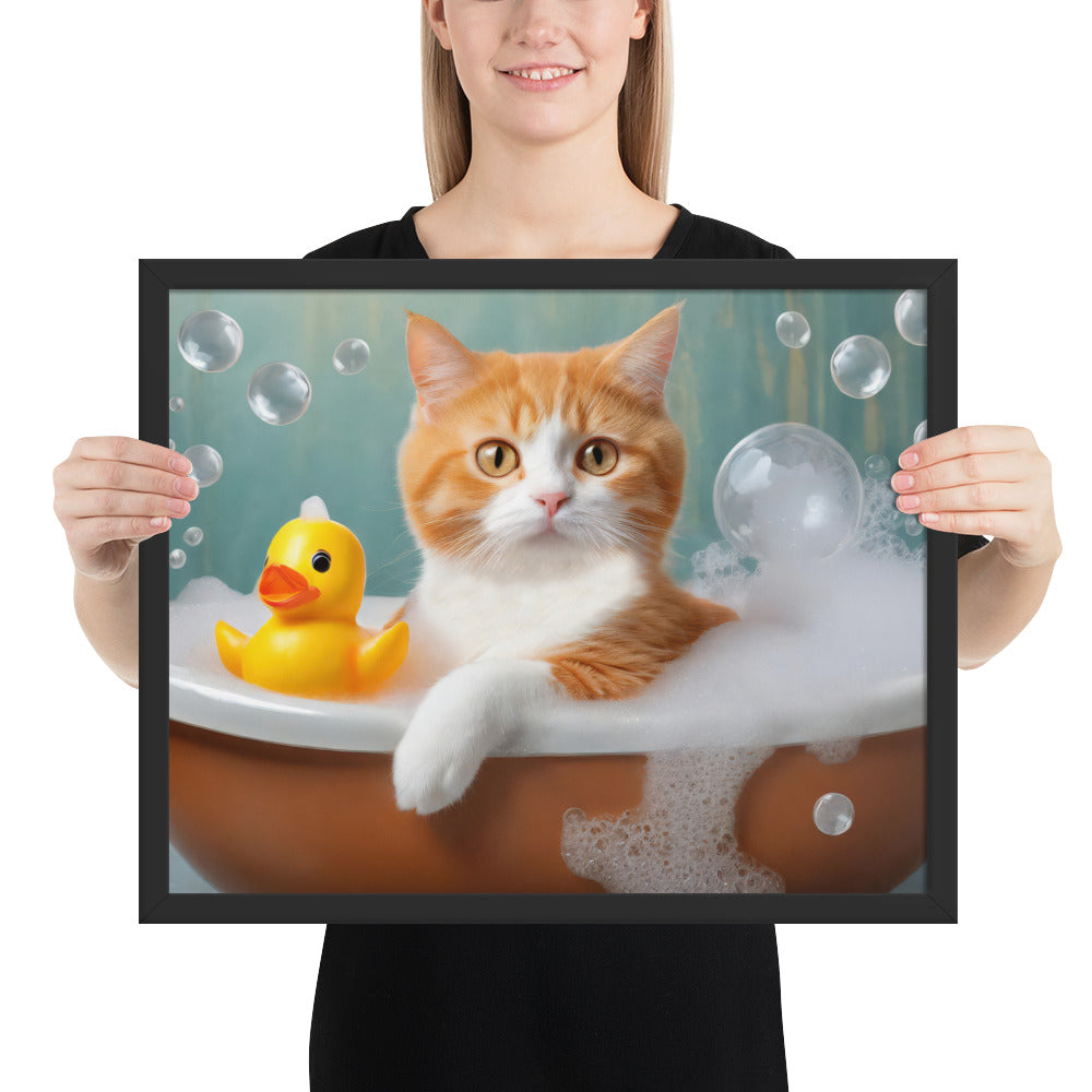 Adorable Cat Bubble Bath Framed Fine Art Poster Print - Perfect for Cat Lovers, Pet Enthusiasts, Kids, And Home Décor - Cute &amp; Funny Design