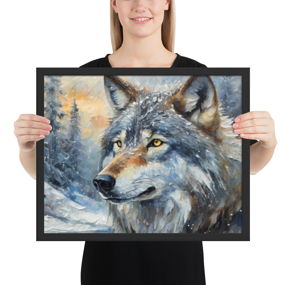 Beautiful Grey Wolf Framed Fine Art Poster Print - Vibrant Oil Painting, Winter Landscape, Perfect Gift For Nature, Winter &amp; Wildlife Lovers