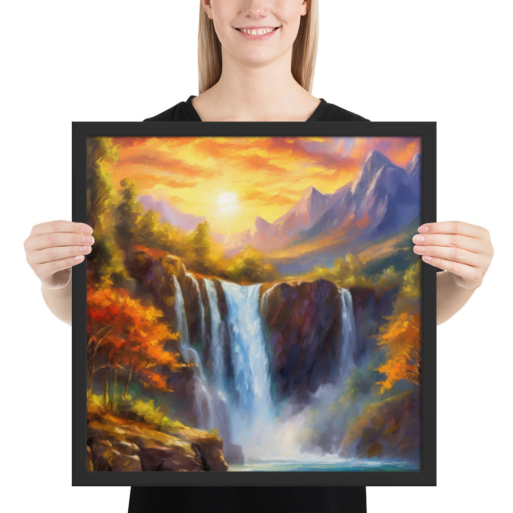 waterfall, waterfalls, nature, sunset, mountains, sunset, trees, clouds, art