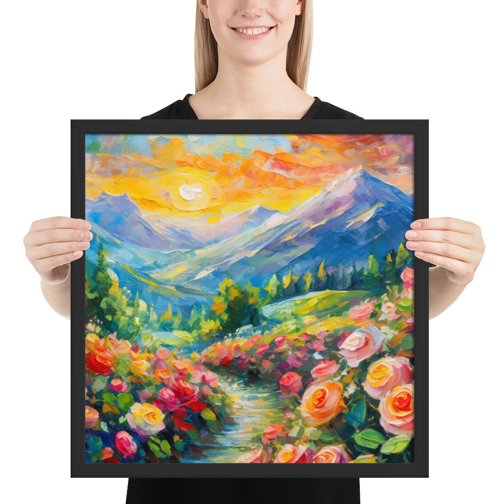 mountains, flowers, roses, sunset, clouds, landscape, scenic, colors, colorful,