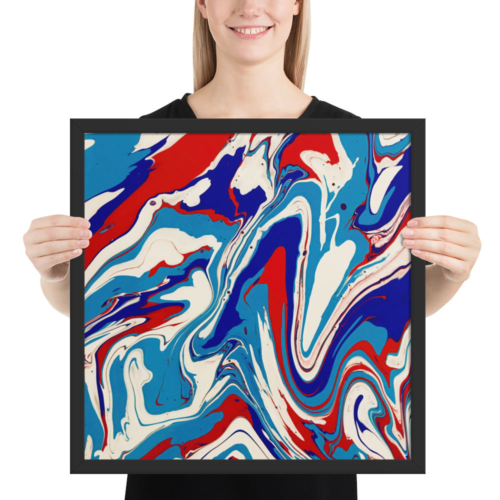 Vibrant Red, White & Blue Flow Acrylic Painting Framed Fine Art Poster Print - Elegant Abstract Modern Art for Home And Office Wall Décor