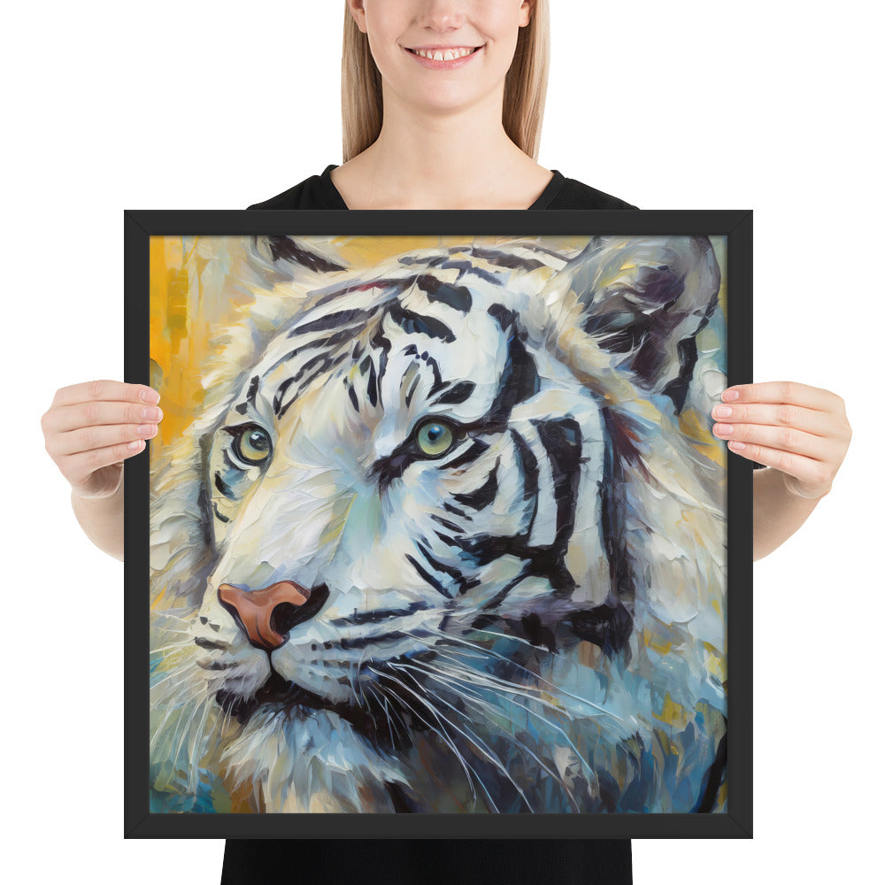 Majestic White Tiger Oil Painting Framed Poster Print - Vibrant, Stylish, Art Gift for Nature &amp; Wildlife Lovers, Home And Office Wall Décor