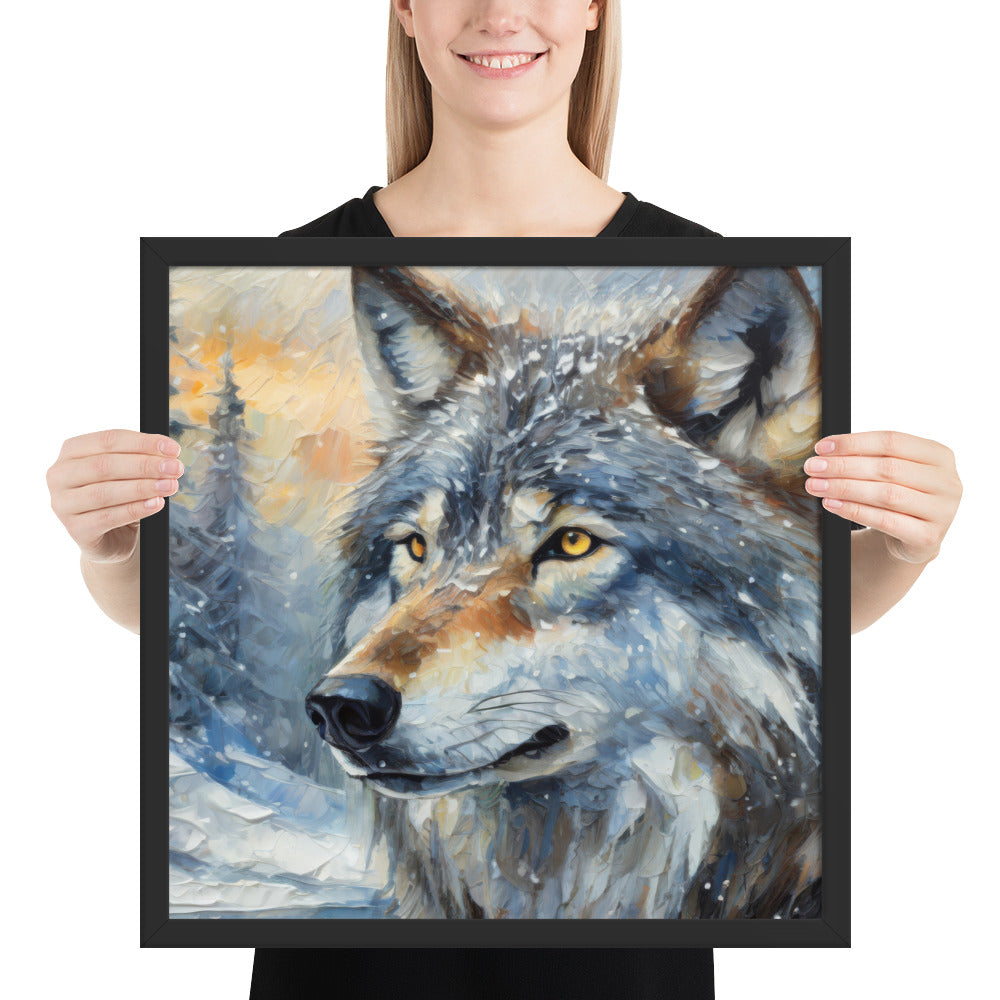 Beautiful Grey Wolf Framed Fine Art Poster Print - Vibrant Oil Painting, Winter Landscape, Perfect Gift For Nature, Winter &amp; Wildlife Lovers