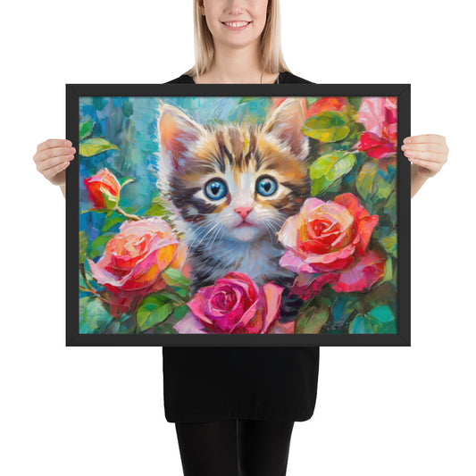 kitten, cat, cats, roses, rose, rose bush, flowers, flower, pets, nature, cute, art,