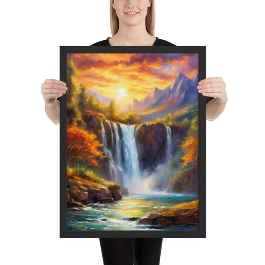 waterfall, waterfalls, nature, sunset, mountains, sunset, trees, clouds, art