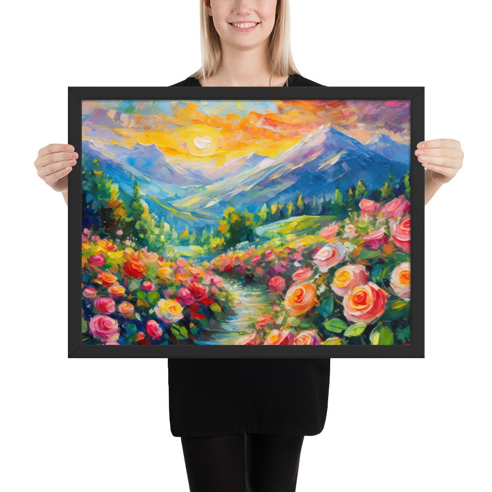 mountains, flowers, roses, sunset, clouds, landscape, scenic, colors, colorful,