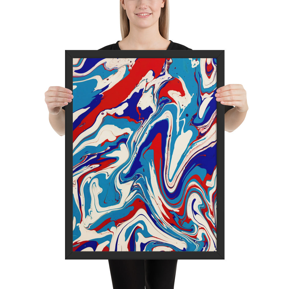 Vibrant Red, White & Blue Flow Acrylic Painting Framed Fine Art Poster Print - Elegant Abstract Modern Art for Home And Office Wall Décor