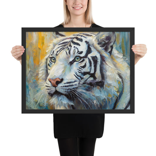 Majestic White Tiger Oil Painting Framed Poster Print - Vibrant, Stylish, Art Gift for Nature & Wildlife Lovers, Home And Office Wall Décor